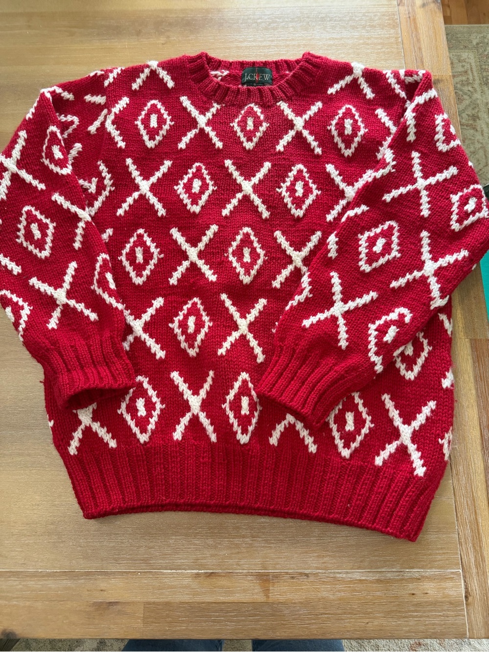 Vintage Nordic J. Crew Red Crewneck Sweater with White Diamond & X Pattern